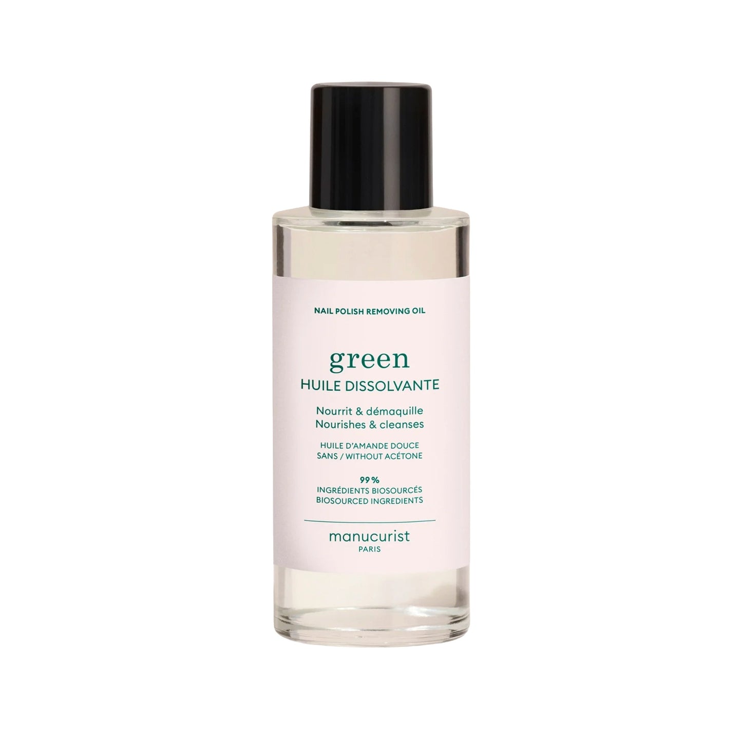 Bottle of Manucurist Green™ Nail Polish Removing Oil with orange blossom scent, enriched with sweet almond oil for gentle and nourishing nail polish removal.