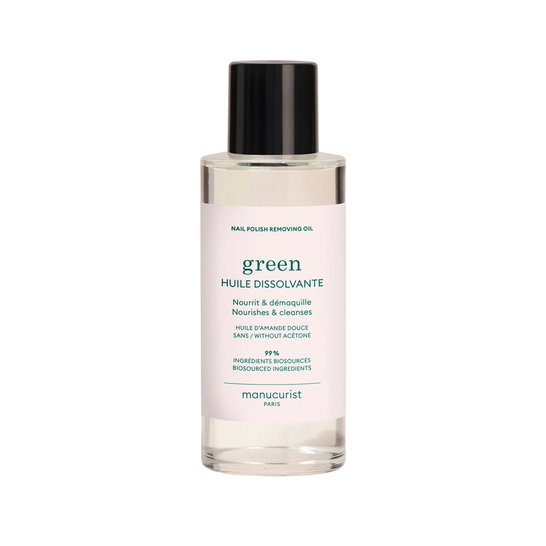 Bottle of Manucurist Green™ Nail Polish Removing Oil with orange blossom scent, enriched with sweet almond oil for gentle and nourishing nail polish removal.