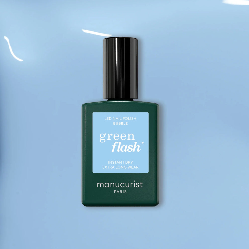 Manucurist Green Flash™ Bubble—a soft, cool light blue LED gel polish with grey undertones in a sleek 15ml bottle.