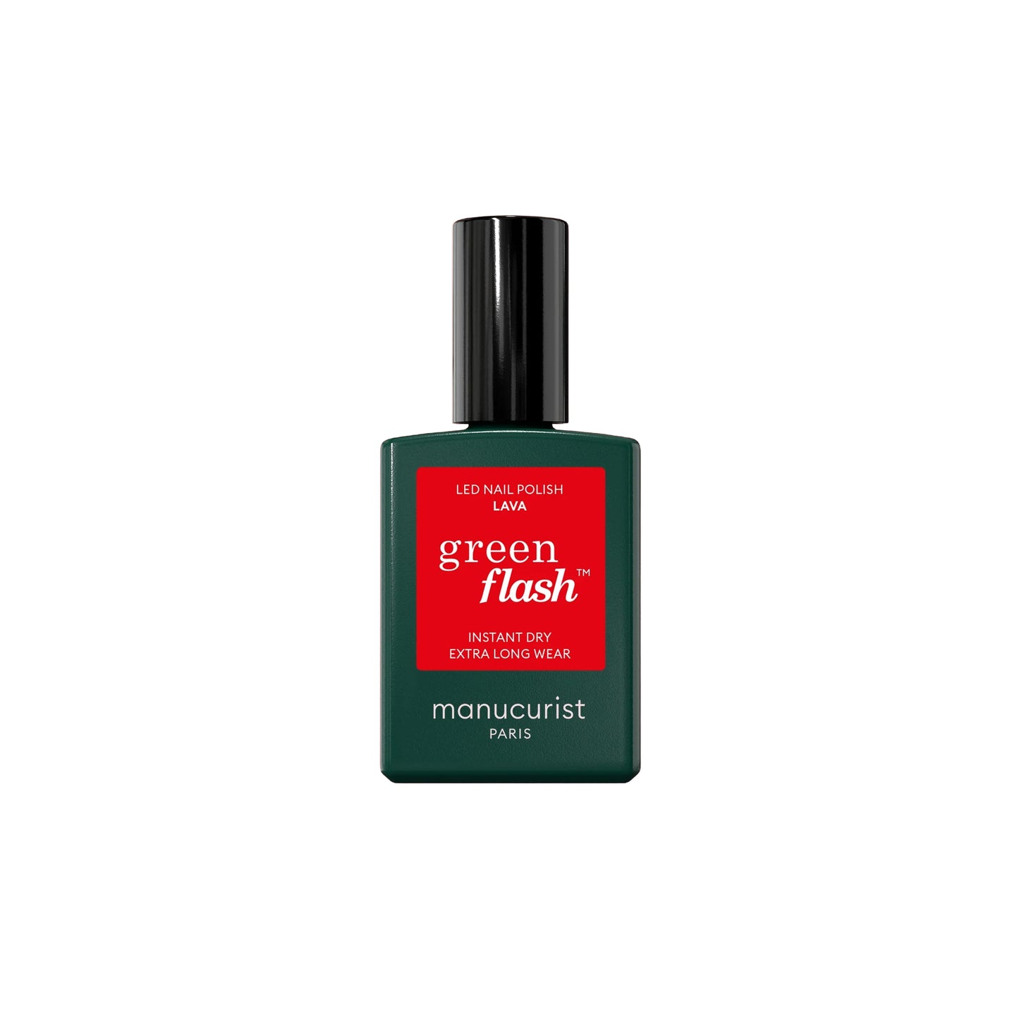 MANUCURIST Green Flash Lava semi-permanent gel polish bottle with a vibrant fiery red color, perfect for LED curing and long-lasting shine.