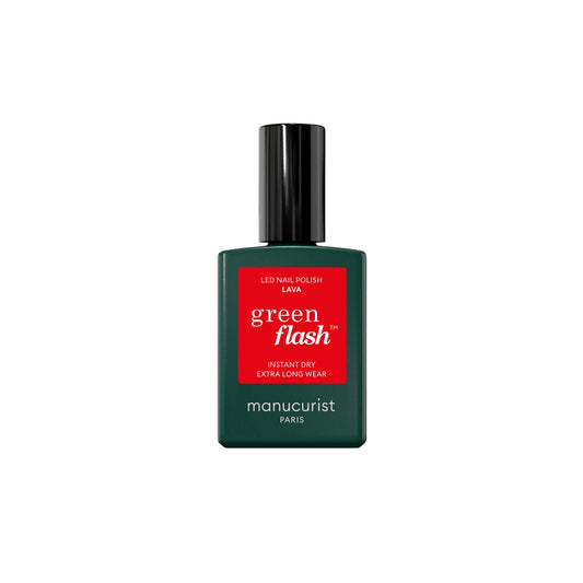 MANUCURIST Green Flash Lava semi-permanent gel polish bottle with a vibrant fiery red color, perfect for LED curing and long-lasting shine.