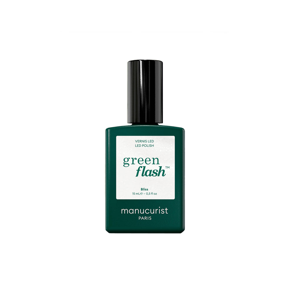 A bottle of Manucurist Green Flash LED nail polish in Bliss on a solid white background.