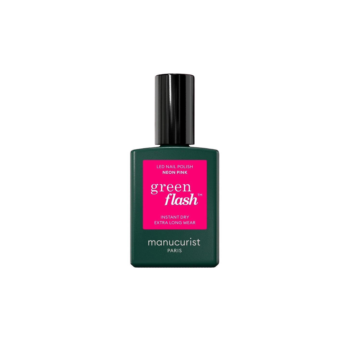 Bottle of MANUCURIST Green Flash™ Neon Pink, a bold semi-permanent gel polish with cool blue undertones and vibrant summer color.