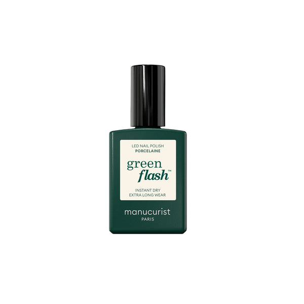 Bottle of MANUCURIST Green Flash™ Porcelaine, a creamy off-white semi-permanent gel polish with extreme shine and up to 10 days wear.