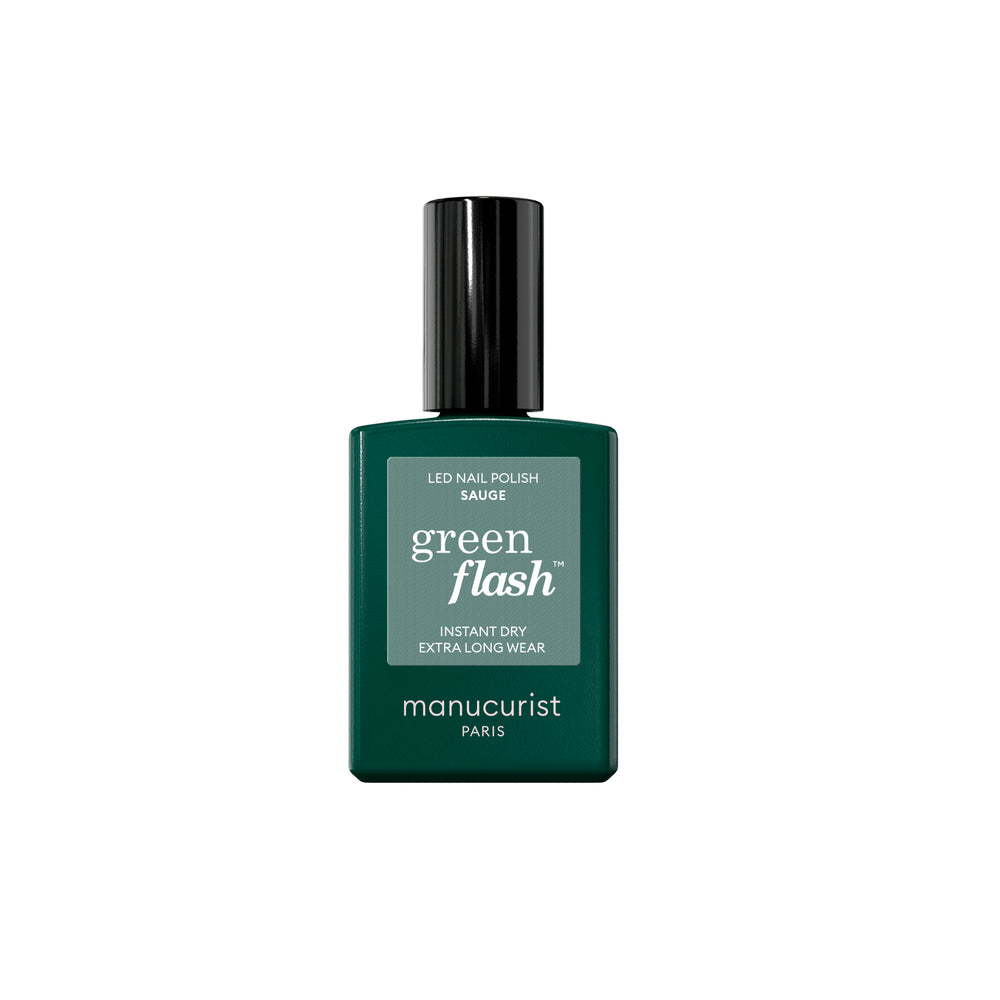 A bottle of Manucurist Green Flash LED nail polish in the shade Sauge. The bottle is dark green with a black cap and a light green label, set against a plain white background.