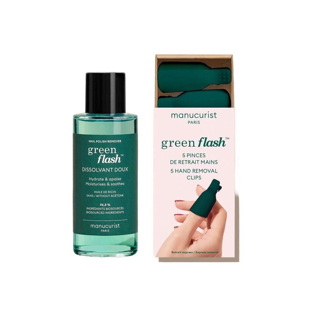Manucurist green flash nail polish remover bottle and packaging on a white background