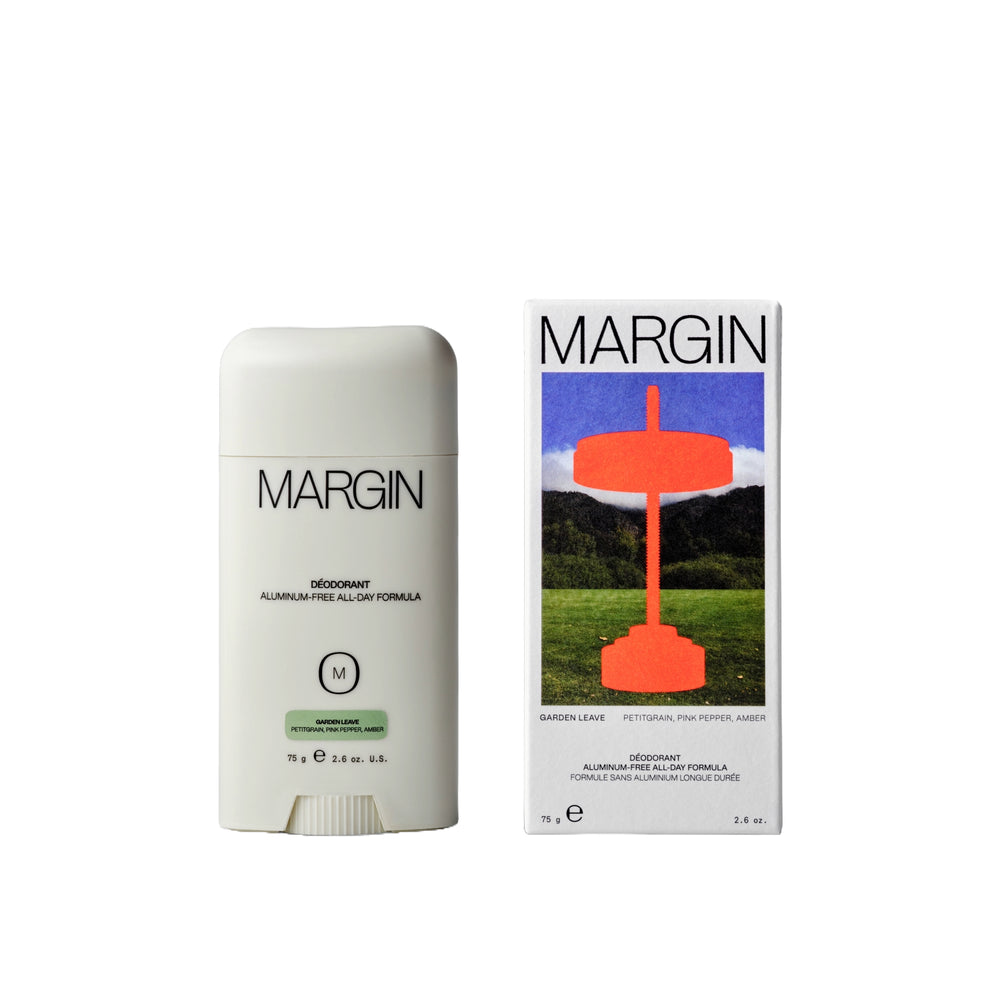 MARGIN Garden Leave deodorant, aluminum-free and baking soda-free, with niacinamide, aloe vera, and probiotic extract, scented with petitgrain, pink pepper, and amber, 75g.