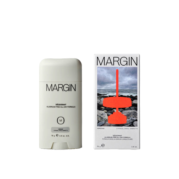 MARGIN Veridian deodorant, aluminum-free and baking soda-free, with niacinamide, aloe vera, and probiotic extract, lightly scented with cypress, orris, and ambrette, 75g.