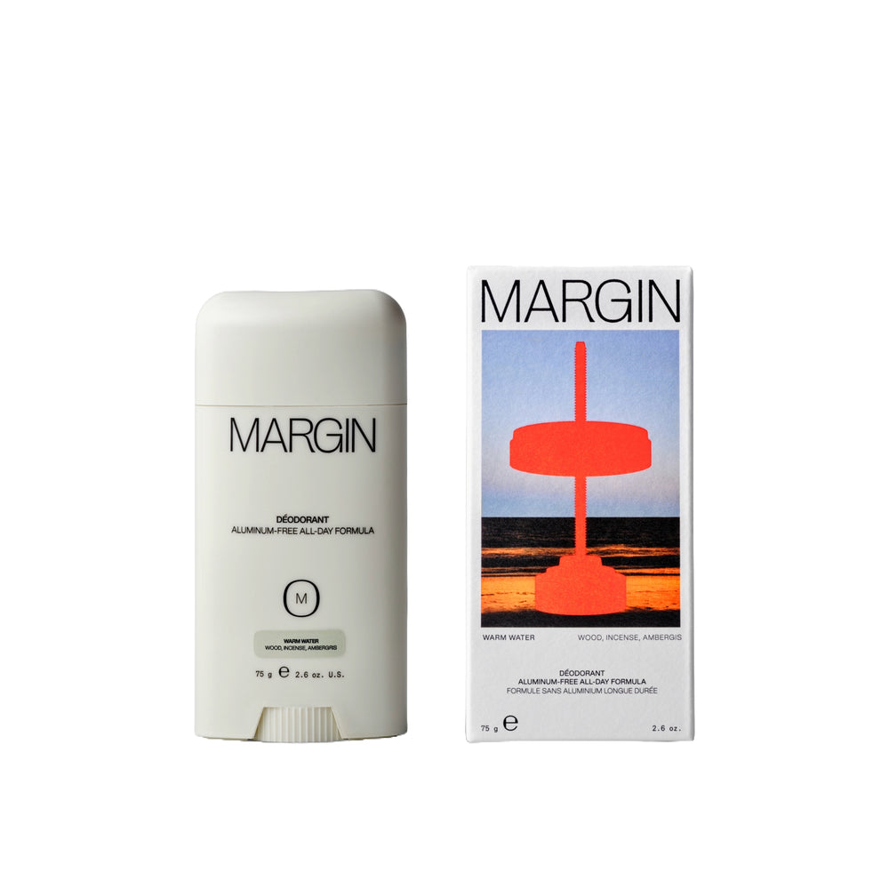 MARGIN Warm Water deodorant, aluminum-free and baking soda-free, with niacinamide, aloe vera, and probiotic extract, lightly scented with incense, wood, and ambergris, 75g.