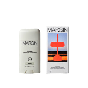 MARGIN Warm Water deodorant, aluminum-free and baking soda-free, with niacinamide, aloe vera, and probiotic extract, lightly scented with incense, wood, and ambergris, 75g.