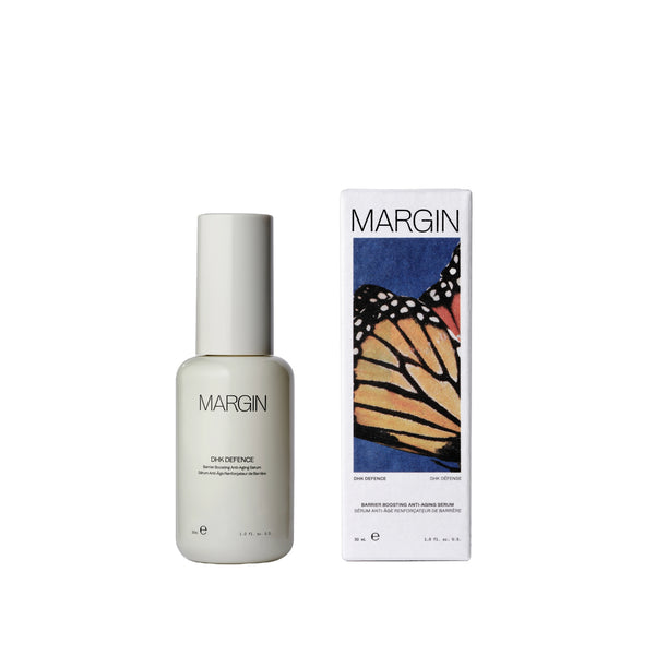 MARGIN DHK Defence Serum, 30 ml bottle, lightweight daily moisturizer with squalane, bisabolol, madecassoside, and ginger root extract.