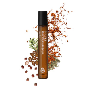 MAULI RITUALS Grow Strong Brow Oil with ingredients around the glass bottle on white background