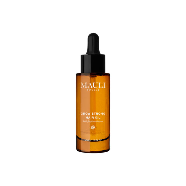 Bottle of Mauli Rituals Grow Strong Hair Oil on a white background