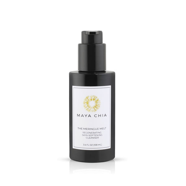 Bottle of MAYA CHIA The Meringue Melt, a gentle yet high-performance exfoliating cleanser with mandelic acid, fermented sake extract, and hydrating chia seed oil.