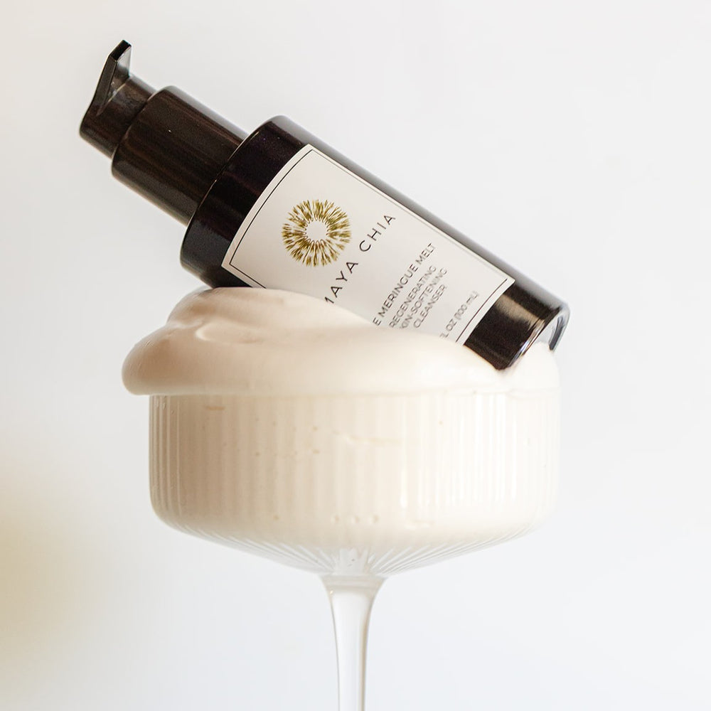 Bottle of MAYA CHIA The Meringue Melt, a gentle yet high-performance exfoliating cleanser with mandelic acid, fermented sake extract, and hydrating chia seed oil.