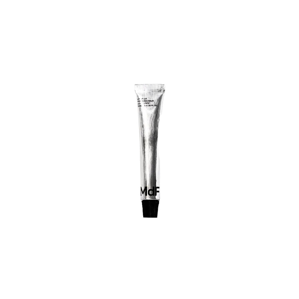 Silver tube with black text on a white background