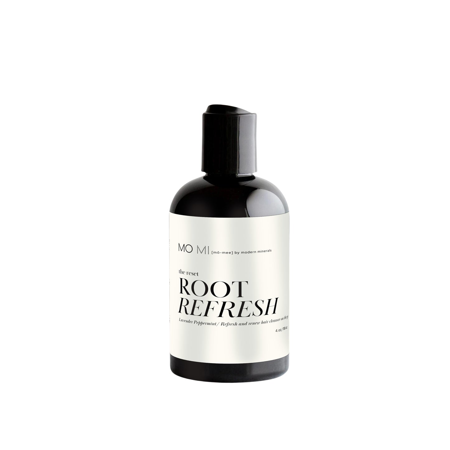 MO MI Beauty Root Refresh liquid dry shampoo, hydrating and revitalizing with hyaluronic acid, sake, and essential oils like peppermint and lavender for a fresh, clean scalp.