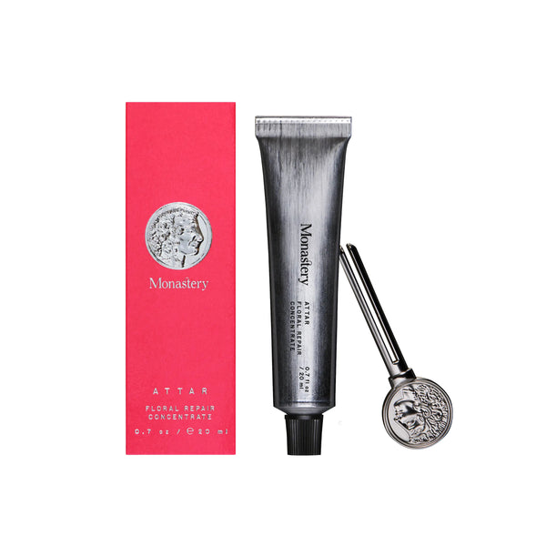 Attar Floral Concentrate Balm by Monastery Made in 20ml silver tube, a nutrient-rich botanical skincare balm with rose, jasmine, and hazelnut oils.
