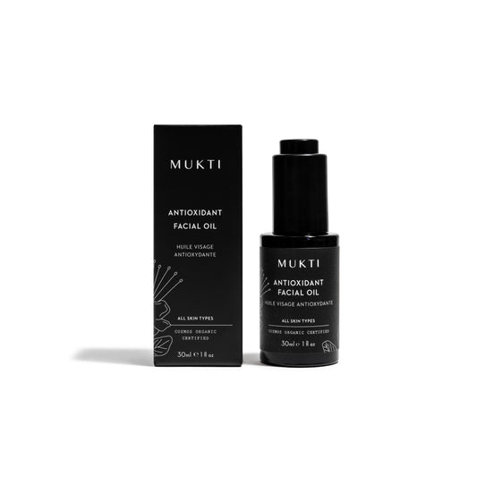 Mukti Antioxidant Facial Oil, a lightweight, hydrating facial oil in a 30 ml bottle, featuring a blend of antioxidant-rich oils for a radiant complexion.