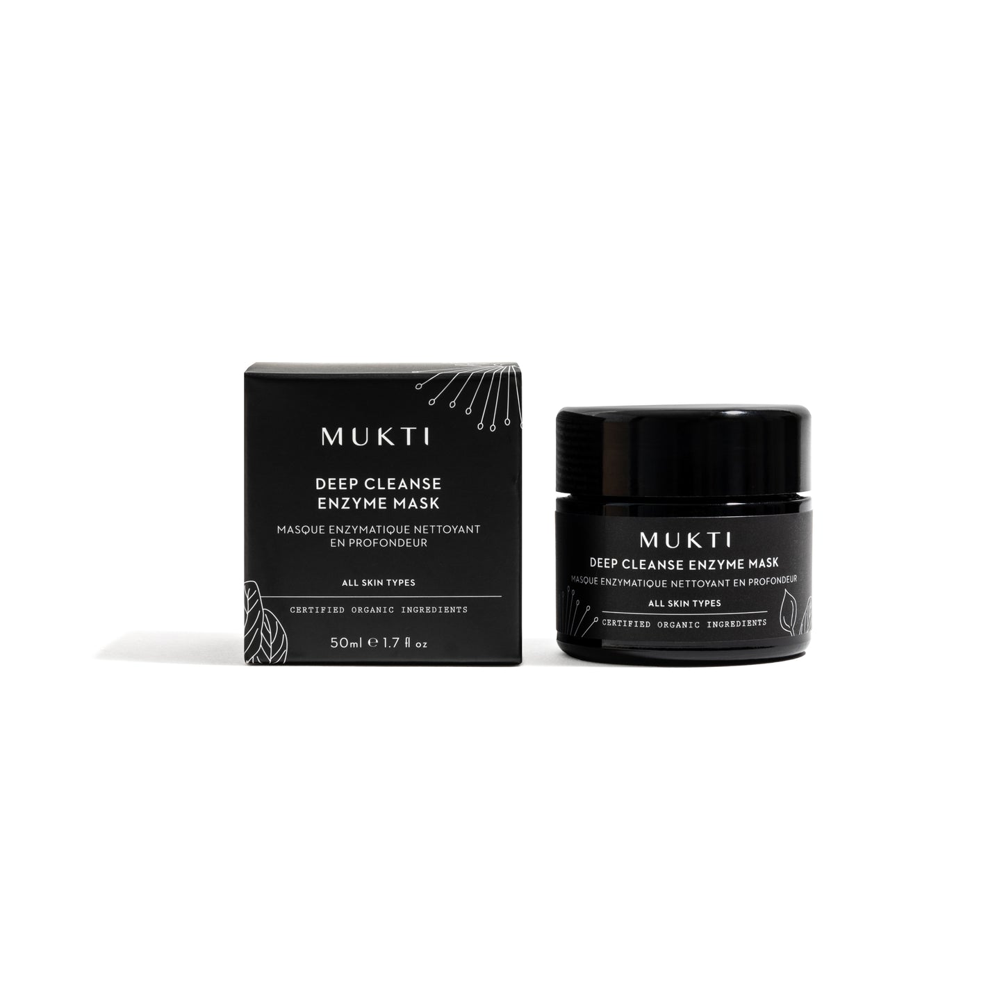 Mukti Deep Cleanse Enzyme Mask - Purifying clay mask with jojoba esters and papain enzyme for exfoliation and hydration, suitable for all skin types.