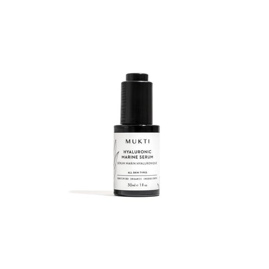 Mukti Hyaluronic Marine Serum in a 30 ml bottle, featuring full-spectrum Hyaluronic Acid for superior hydration and smoother-looking skin.