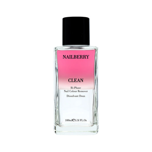 Bottle of NAILBERRY Clean Bi-Phase Nail Colour Remover with dual-phase formula for gentle polish removal and nail care.