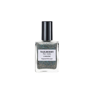 NAILBERRY Cosmic fine glitter top coat with holographic shimmer, perfect for adding a dazzling, versatile sparkle to any manicure. Vegan, cruelty-free, and breathable formula.