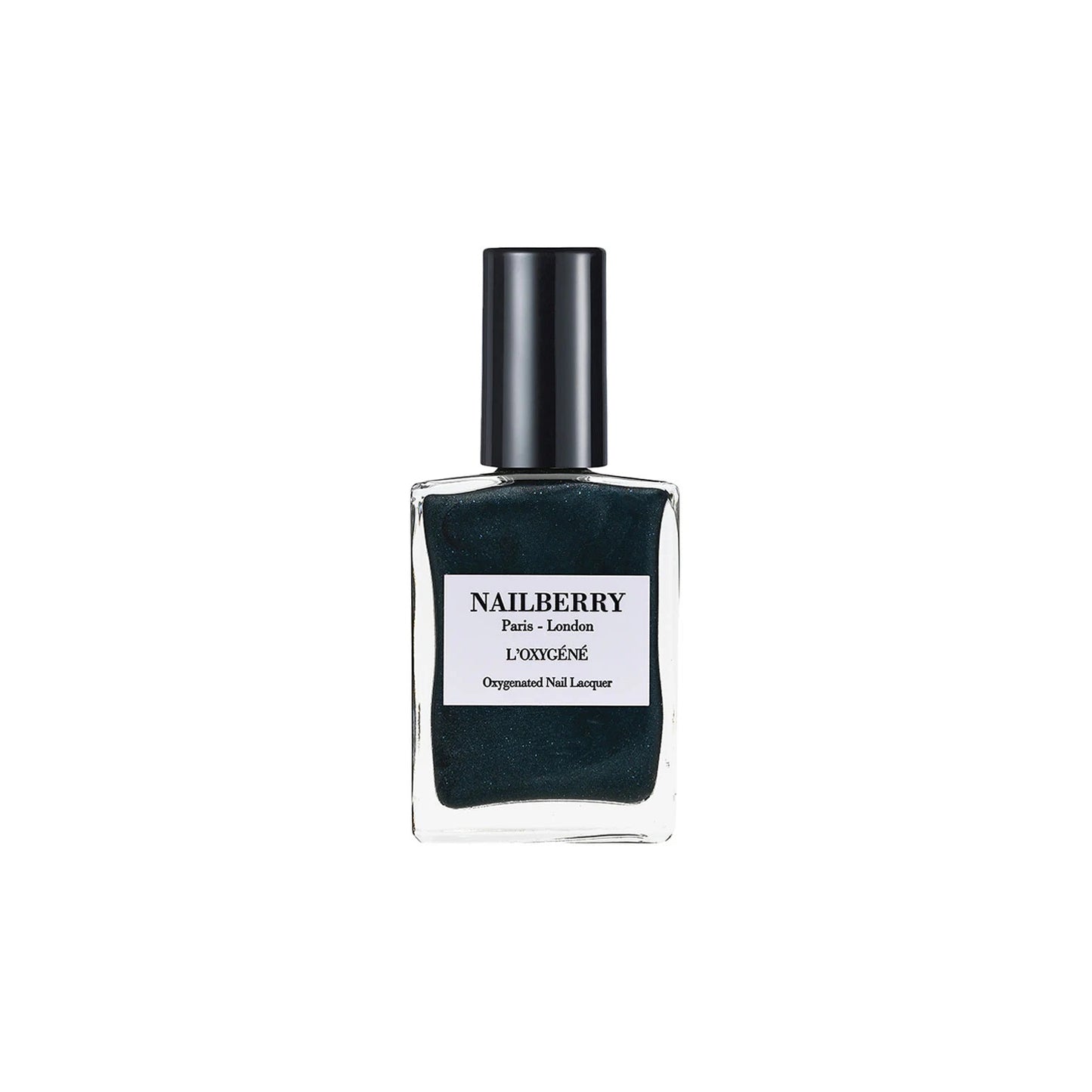 NAILBERRY Galactic pearlised stormy grey nail polish with ultra-fine glitter, offering a high-gloss finish and sophisticated sparkle. Vegan, cruelty-free, and breathable formula.