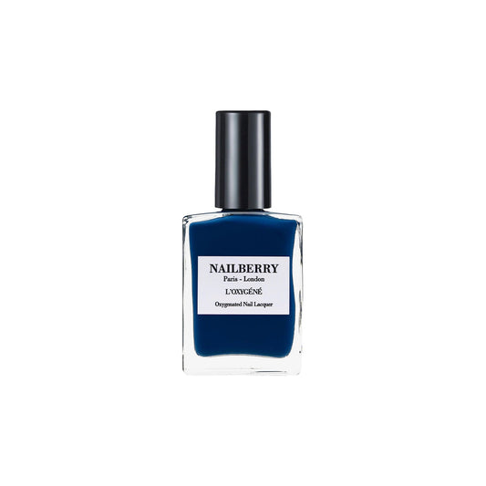 NAILBERRY Orage indigo blue nail polish with high-gloss finish, providing a bold and sophisticated look for autumn-winter. Vegan, cruelty-free, and breathable.