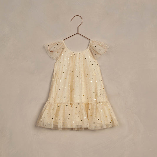 NORALEE Edie Dress in Champagne Stars pattern with flutter sleeves and shimmering fabric. ALWAYS SHOW