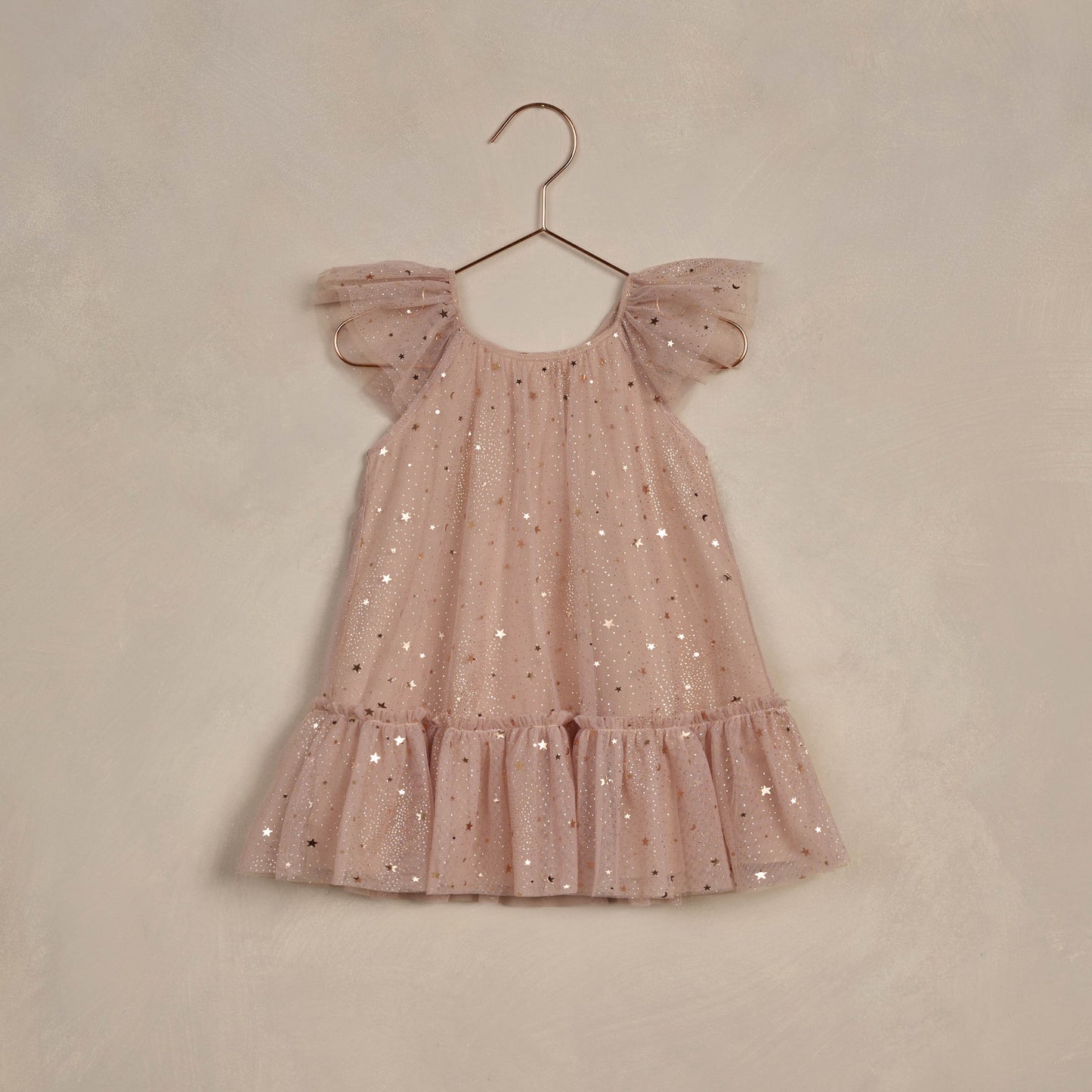 NORALEE Edie Dress in Rose Stars pattern with flutter sleeves and shimmery fabric. ALWAYS SHOW