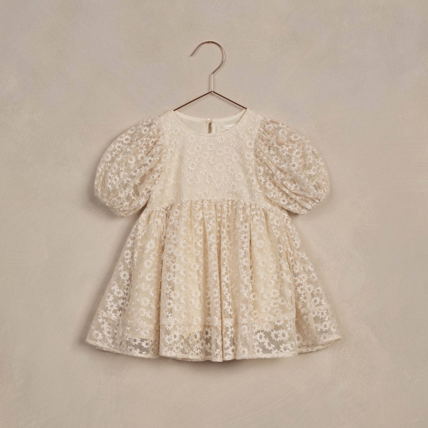  NORALEE Luna Dress in Natural with puff sleeves, curved waistline, and embroidered tulle fabric. Includes matching bloomer for size 2y. ALWAYS SHOW