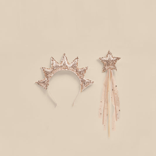 NORALEE Sun Crown and Wand in dusty rose, ideal for adding a whimsical touch to dress-up outfits.