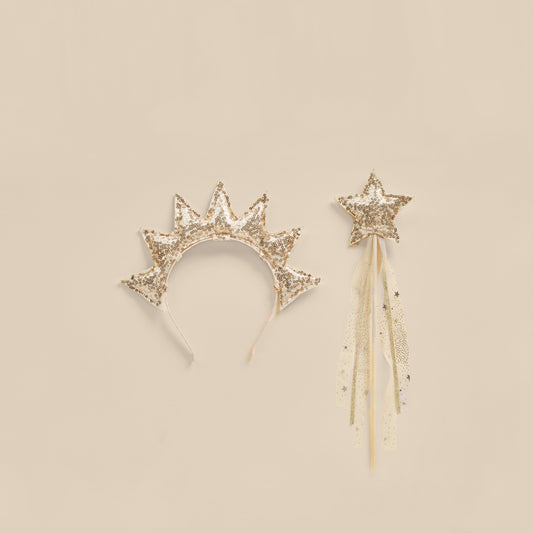 NORALEE Sun Crown and Wand in gold sequin, perfect for completing dress-up outfits.