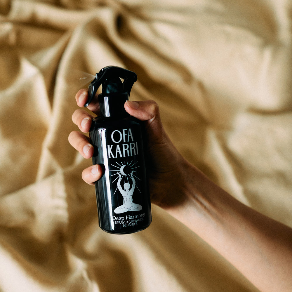 OFA KARRI Deep Harmony home spray with organic essential oils in a sleek bottle, offering woody and deep notes for refreshing your space.