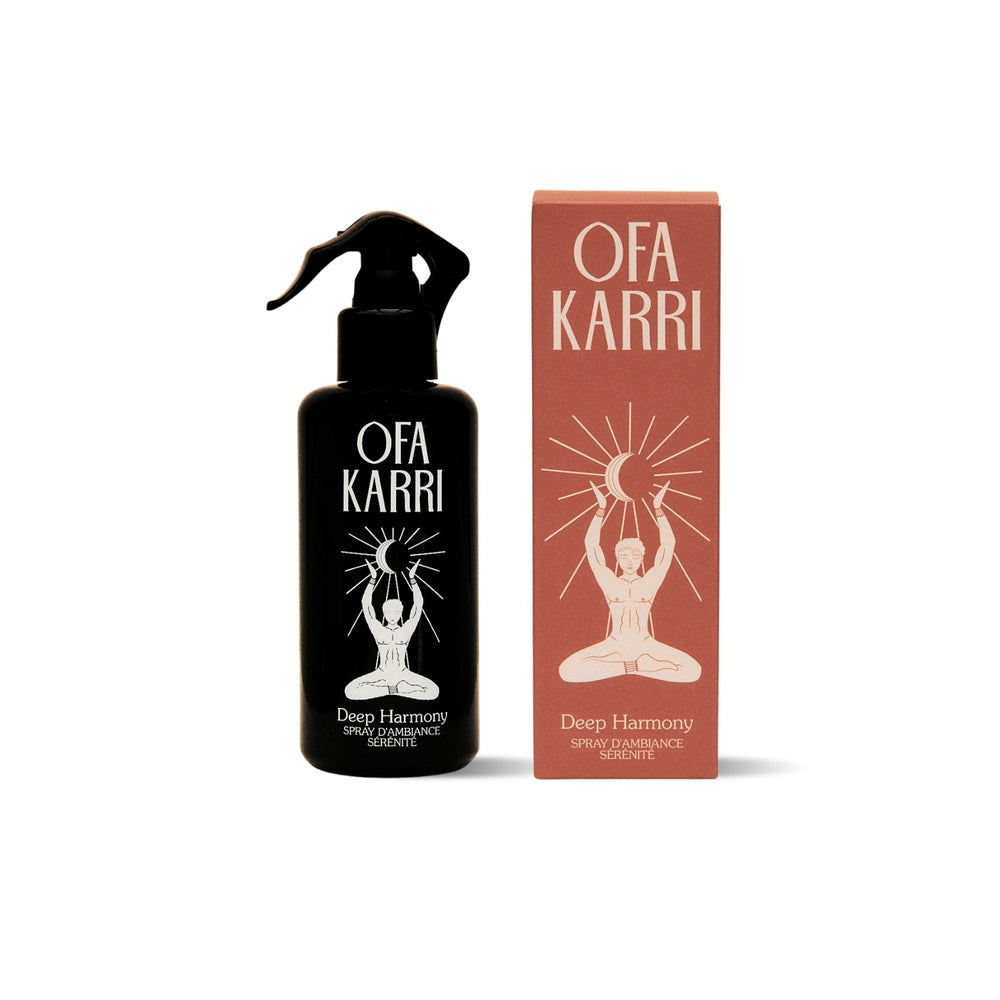 OFA KARRI Deep Harmony home spray with organic essential oils in a sleek bottle, offering woody and deep notes for refreshing your space.