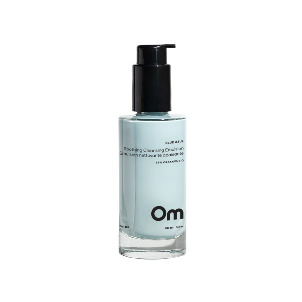 Om Organics Blue Azul Soothing Cleansing Emulsion – a gentle, creamy cleanser for dry and sensitive skin, infused with blue tansy and rosehip oil.