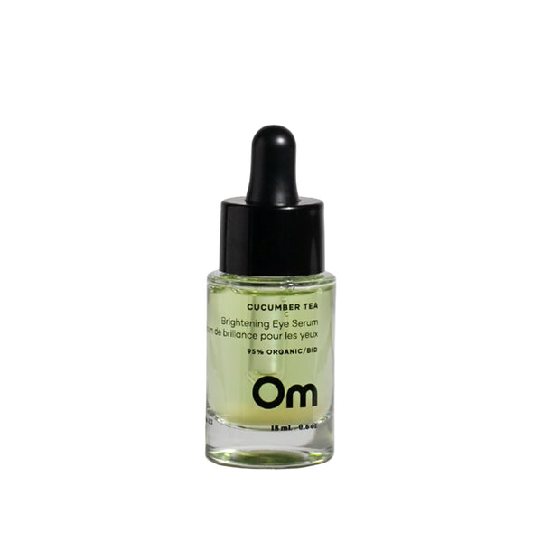 Om Organics Cucumber Tea Brightening Eye Serum with cucumber extract and caffeine for a refreshing, revitalizing under-eye treatment.