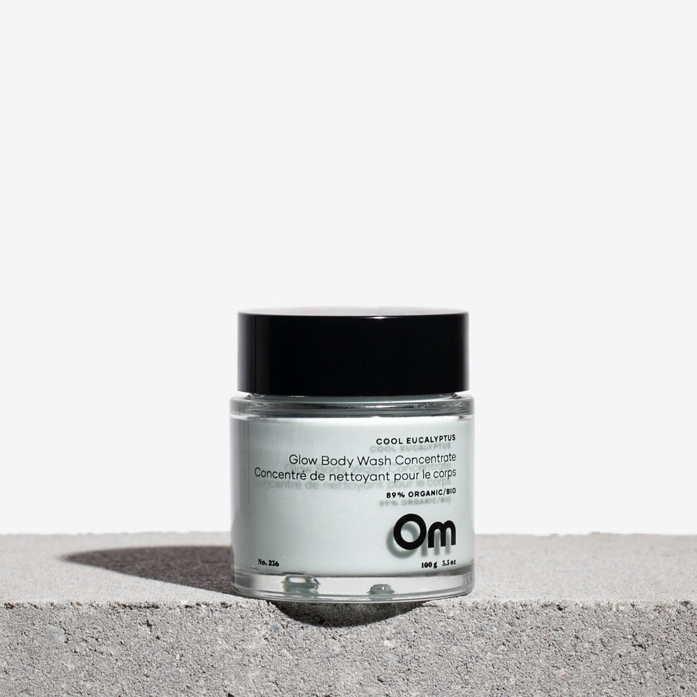 Om Organics Cool Eucalyptus Glow Body Wash Concentrate with a refreshing blend of eucalyptus, mint, and nourishing botanicals in a creamy, waterless formula.