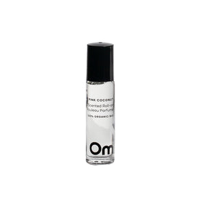 Om Organics Pink Coconut Scented Roll On – a warm coconut and rose fragrance in a roll-on bottle.