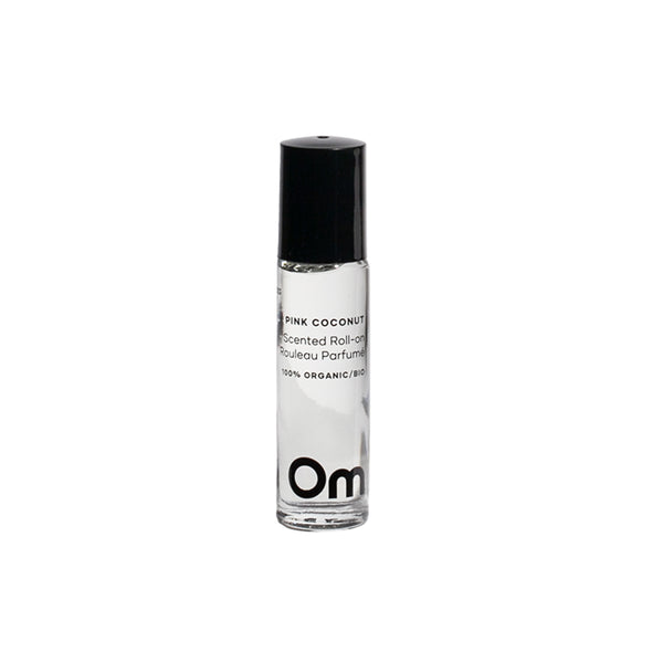 Om Organics Pink Coconut Scented Roll On – a warm coconut and rose fragrance in a roll-on bottle.