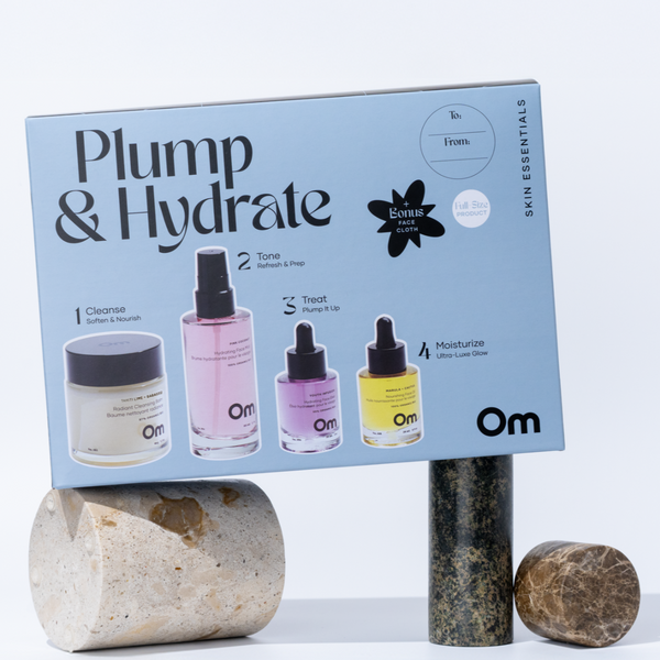 OM Organics Plump & Hydrate skincare set featuring Tahiti Lime + Babassu Cleansing Balm, Pink Coconut Face Mist, Youth Infusion Face Elixir, Marula + Cactus Face Oil, and face towel.