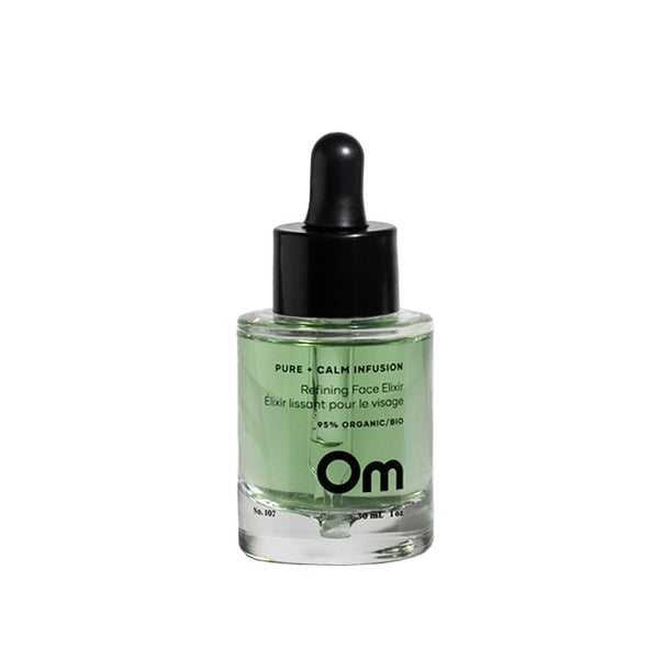 OM ORGANICS Pure + Calm Infusion Refining Face Elixir, 30 ml bottle; hydrates, brightens, and balances skin with botanical extracts like skullcap and licorice root; ideal for oily, sensitive, or combination skin types.