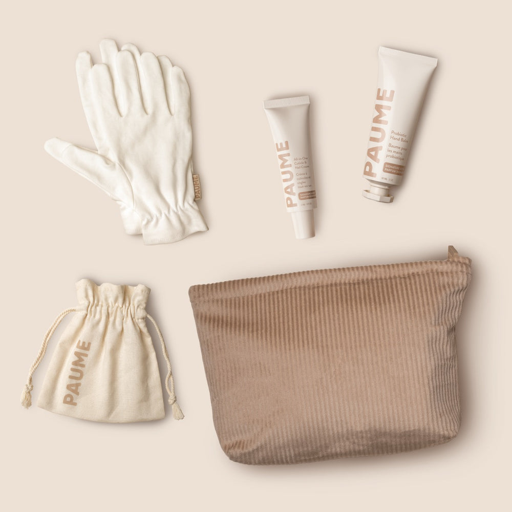 PAUME Hand Hydration Set – includes Probiotic Hand Balm, All-in-One Cuticle & Nail Cream, Organic Cotton Gloves, and Beauty Bag for soft, hydrated hands.