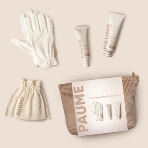 PAUME Hand Hydration Set – includes Probiotic Hand Balm, All-in-One Cuticle & Nail Cream, Organic Cotton Gloves, and Beauty Bag for soft, hydrated hands.