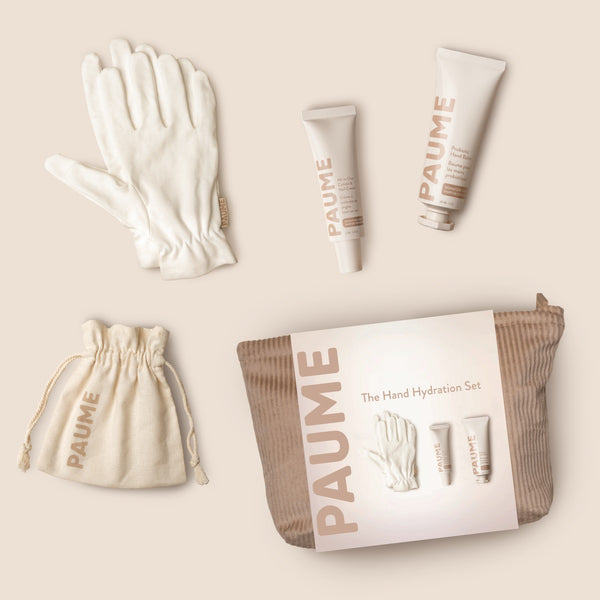 PAUME Hand Hydration Set – includes Probiotic Hand Balm, All-in-One Cuticle & Nail Cream, Organic Cotton Gloves, and Beauty Bag for soft, hydrated hands.