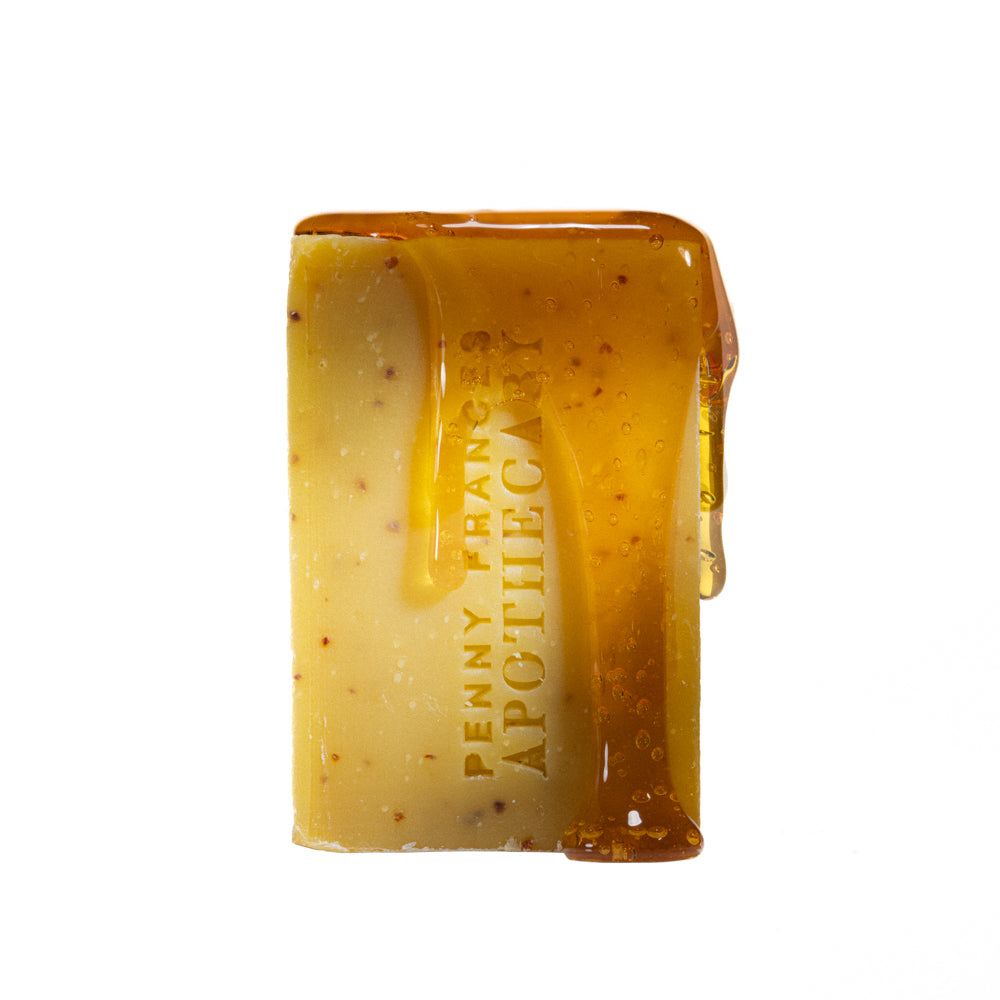 Penny Frances Apothecary Blood Orange & Tomato Seed Soap – A vibrant botanical soap with blood orange, tomato seed oil, French yellow clay, and honey for a refreshing and radiant skin feel.