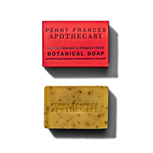 Penny Frances Apothecary Blood Orange & Tomato Seed Soap – A vibrant botanical soap with blood orange, tomato seed oil, French yellow clay, and honey for a refreshing and radiant skin feel.