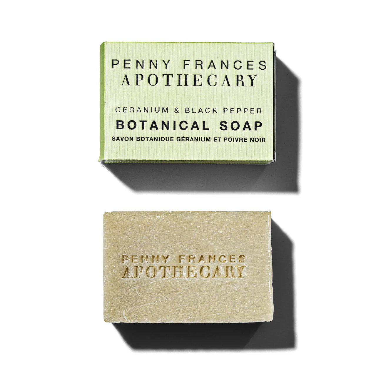 Penny Frances Apothecary Geranium & Black Pepper Botanical Soap Bar, featuring a luxurious blend of plant oils, honey, and French green clay for smooth, soft skin.