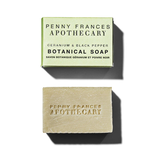 Penny Frances Apothecary Geranium & Black Pepper Botanical Soap Bar, featuring a luxurious blend of plant oils, honey, and French green clay for smooth, soft skin.